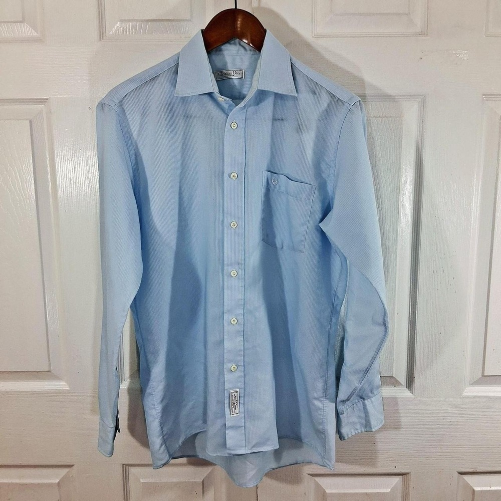 Vtg Christian Dior Chemise Dress Shirt Light Blue Stripe
